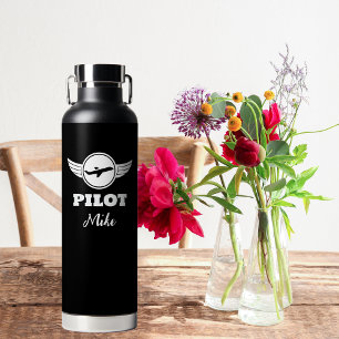 Modern PILOT Typography Airplane, Black & White Water Bottle