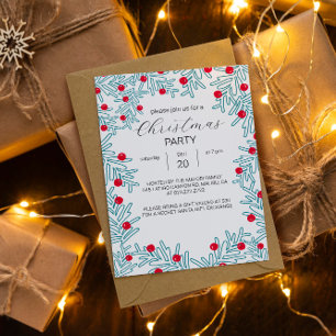 Modern Pine Branch and Red Berry Christmas Pattern Invitation