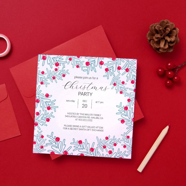 Modern Pine Branch and Red Berry Christmas Pattern Invitation (Creator Uploaded)