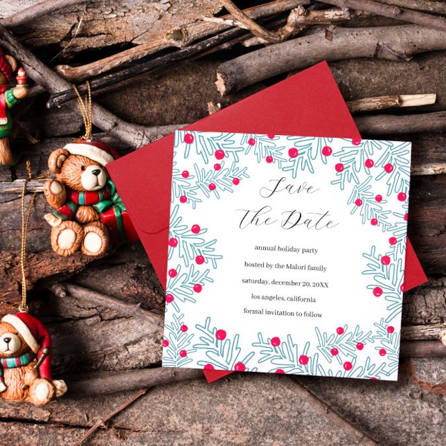 Modern Pine Branch and Red Berry Christmas Pattern Save The Date (Creator Uploaded)