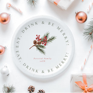 Modern Pine Branch & Berries Family Christmas Paper Plate