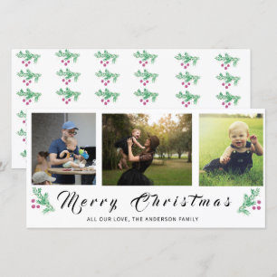 Modern Pine Needle Merry Christmas 3-Photo Collage Holiday Card