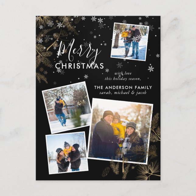 Modern Pine & Snow Christmas 4 Photo Collage Card (Front)