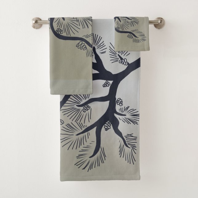 Modern pine tree and pine cones bath towel set (Insitu)