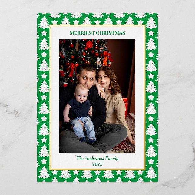 Modern Pine Tree Border Christmas Photo Foil Holiday Card (Front)