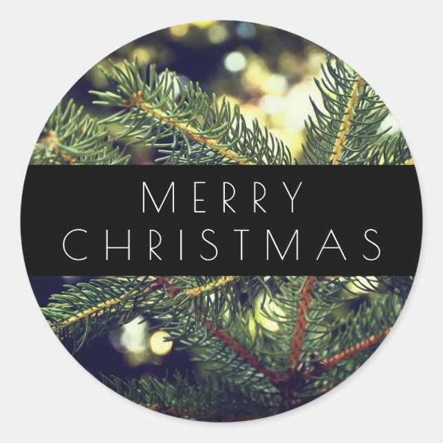 Modern Pine Tree Merry Christmas Typography Classic Round Sticker (Front)
