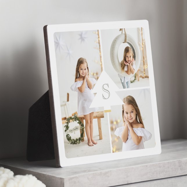 Modern Pine Tree Monogram Three Photo Collage Plaque (Modern Pine Tree Monogram Three Photo Collage Plaque)