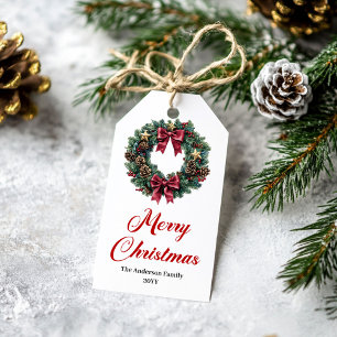 Modern pine wreath gift tag red green gold