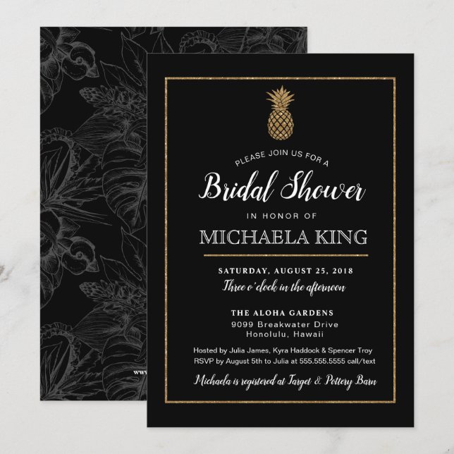Modern Pineapple Bridal Shower Invitation, Gold Invitation (Front/Back)