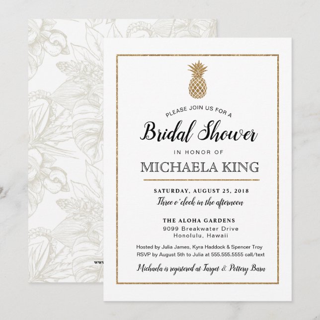 Modern Pineapple Bridal Shower, White & Gold Invitation (Front/Back)