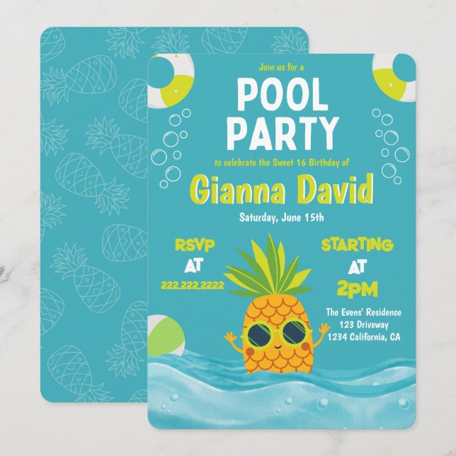 Modern Pineapple Pool Party Birthday Summer  Invitation (Front/Back)