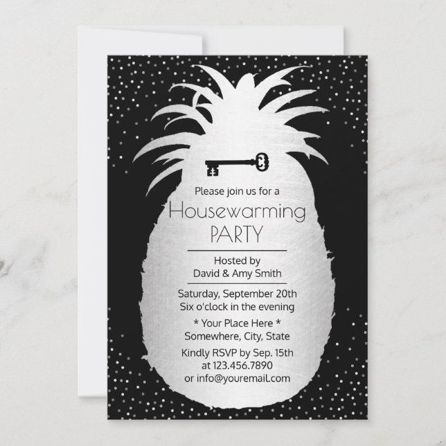 Modern Pineapple Silver Confetti Dots Housewarming Invitation (Front)