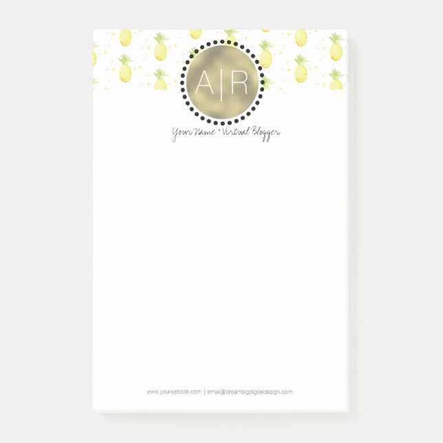 Modern Pineapple Simulated Foil Monogram Post-it Notes (Front)
