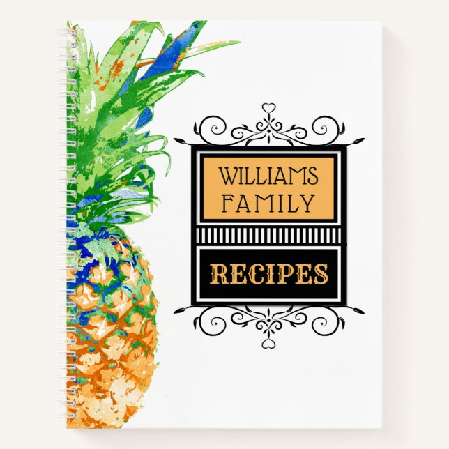 Modern Pineapple Tropical Family Monogram Recipe Notebook (Front)