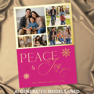 Modern Pink 5 Photo Collage Peace & Joy Foil Holiday Card