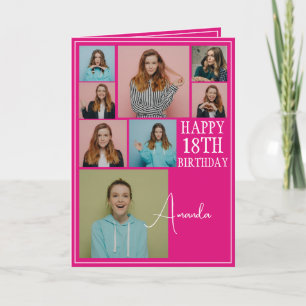 Modern Pink 8 Photo Collage 18th Birthday Card