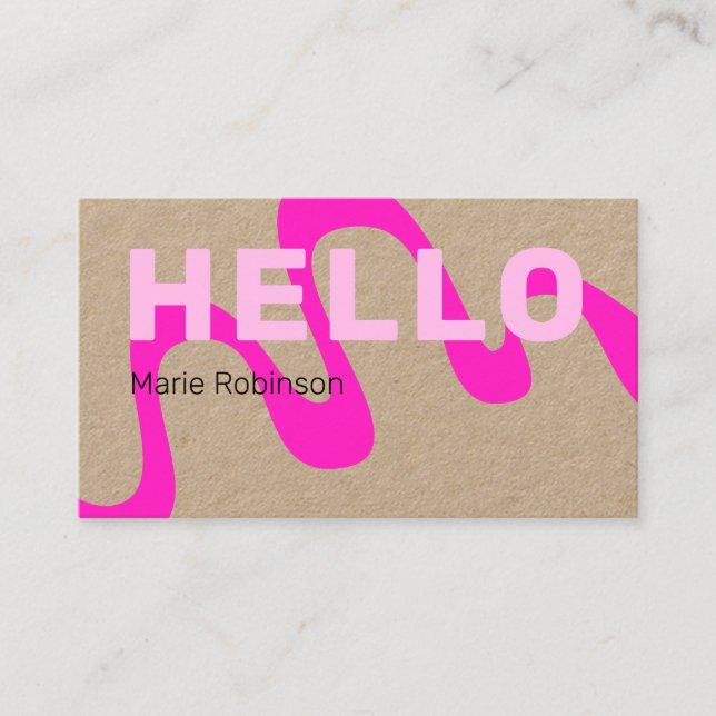 Modern Pink Abstract Wave Hello Kraft Business Card (Front)