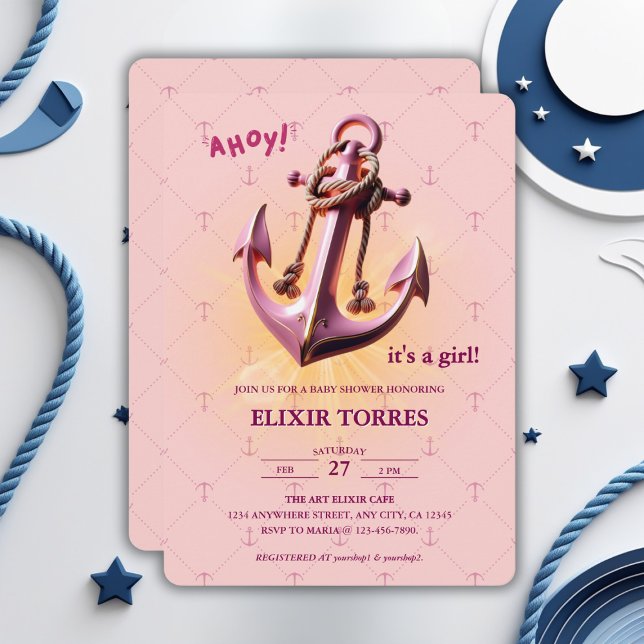 Modern Pink Ahoy! Anchor Nautical Baby Shower Invitation (Creator Uploaded)