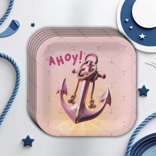 Modern Pink Ahoy! Anchor Nautical Baby Shower Paper Plate
