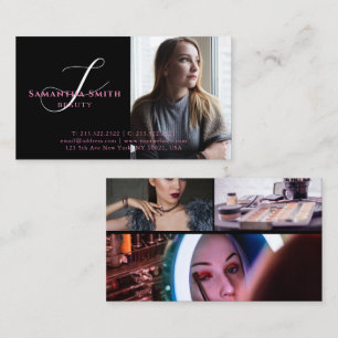 Modern Pink and Back 4 Photos Script Monogram Business Card