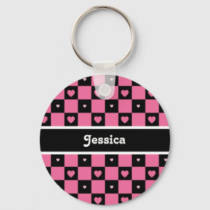 Modern Pink and Black Chequered Hearts With Name Keychain
