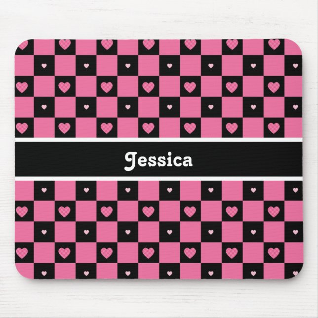 Modern Pink and Black Chequered Hearts With Name Mouse Pad (Front)