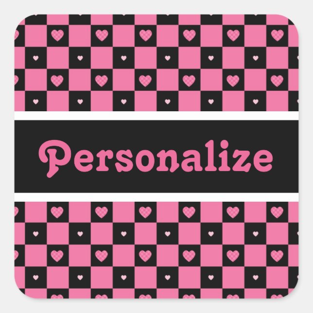 Modern Pink and Black Chequered Hearts With Name Square Sticker (Front)
