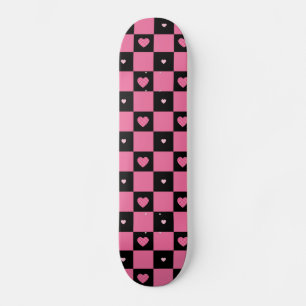 Modern Pink and Black Chequered Pattern Girly Hear Skateboard