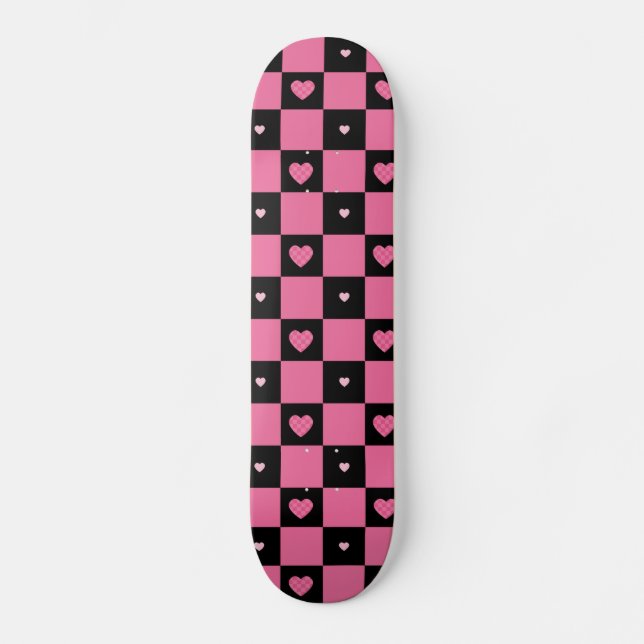 Modern Pink and Black Chequered Pattern Girly Hear Skateboard (Front)