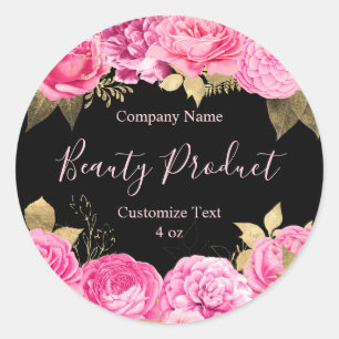 Modern Pink and Black Floral Beauty Cosmetic Spa Classic Round Sticker