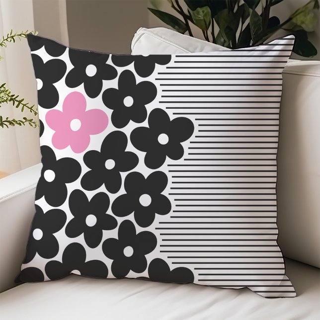 Modern Pink and Black Floral Dorm Room Throw Pillow (Creator Uploaded)
