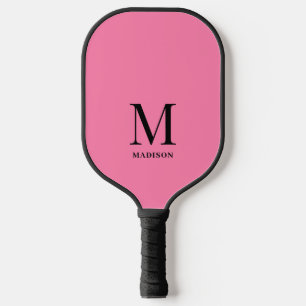 Modern Pink And Black Minimalist Monogram Name Pickleball Paddle