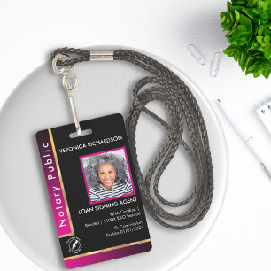 Modern pink and black Notary QR Code Photo I.D. Badge