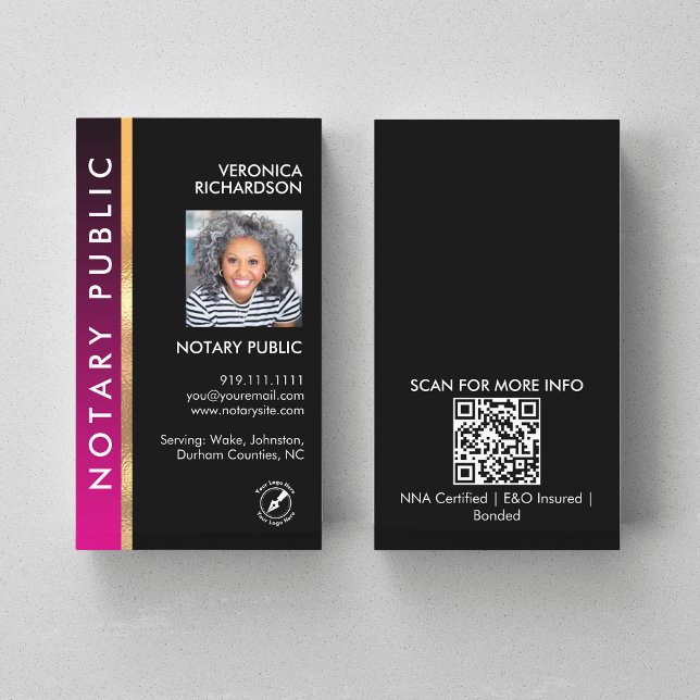 Modern pink and black Notary QR Code Photo I.D. Business Card (Creator Uploaded)