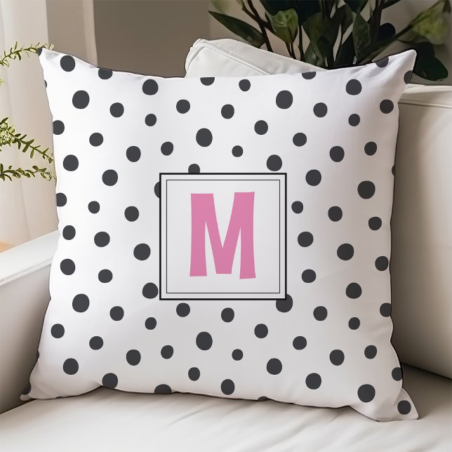 Modern Pink and Black Polka Dot Monogram Dorm Room Throw Pillow (Creator Uploaded)