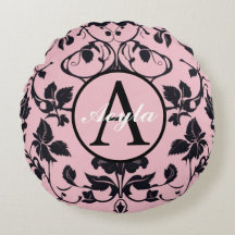 Modern Pink and Black Rose Damask Monogram