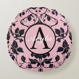 Modern Pink and Black Rose Damask Monogram Round Pillow