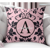 Modern Pink and Black Rose Damask Monogram