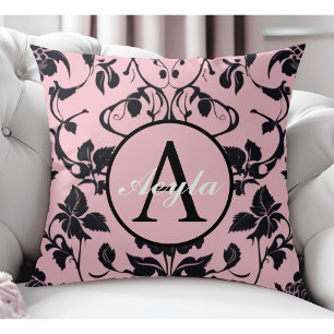Modern Pink and Black Rose Damask Monogram Throw Pillow