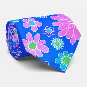 Modern Pink and Blue Daisy Floral Pattern Tie
