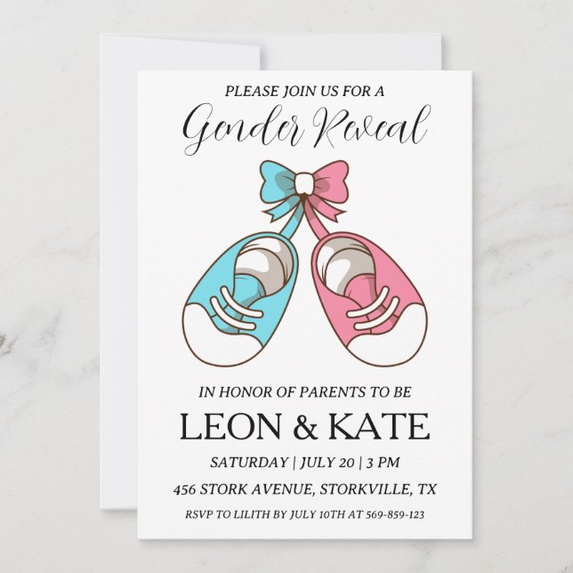 modern pink and blue gender reveal invitations (Front)