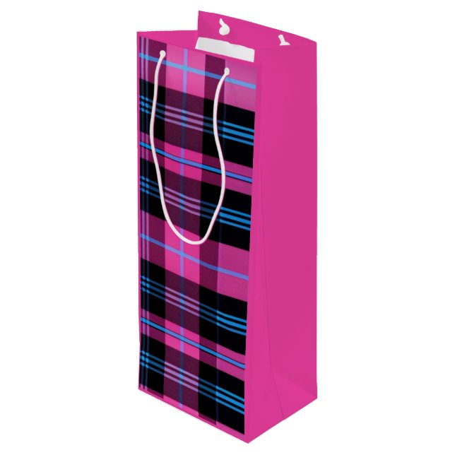 Modern Pink And Blue Plaid Wine Gift Bag (Back Angled)