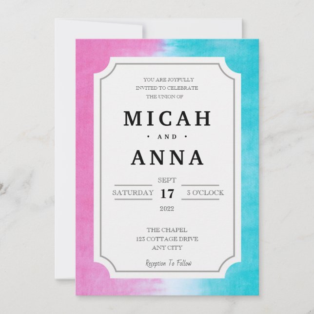 Modern Pink and Blue Wedding Invitation (Front)