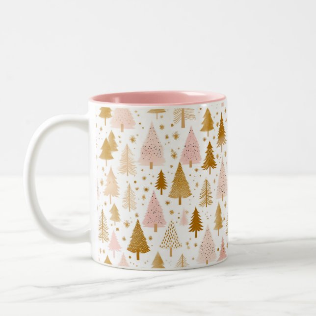 Modern Pink and Gold Christmas Tree Pattern Two-Tone Coffee Mug (Left)