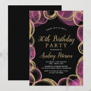Modern Pink and Gold Circle Black 30th Birthday Invitation