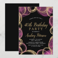 Modern Pink and Gold Circle Black 40th Birthday