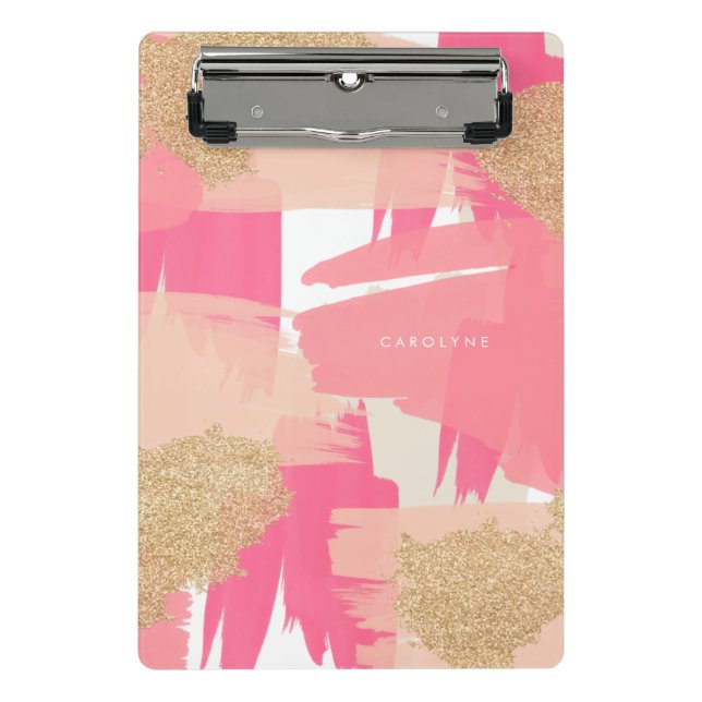Modern Pink and Gold Glitter Abstract Mini Clipboard (Front)