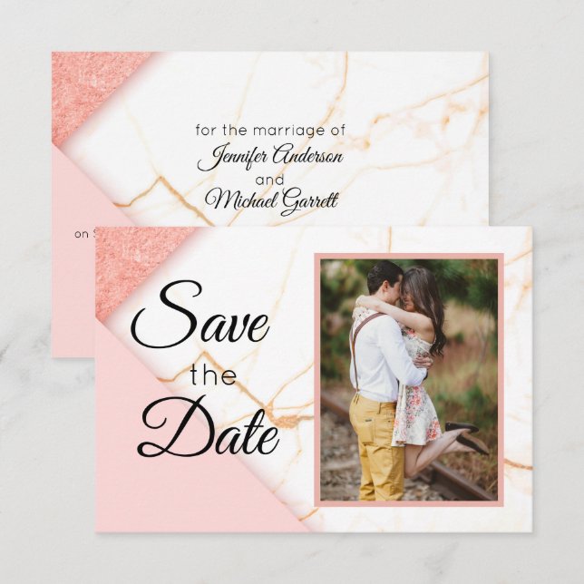 Modern Pink and Gold Glitter Marble Save The Date (Front/Back)