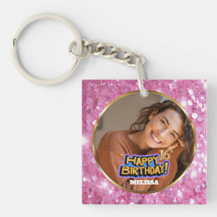 Modern Pink and Gold Glitter Photo 16th Birthday Keychain
