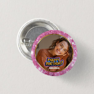 Modern Pink and Gold Glitter Photo Name Birthday 1 Inch Round Button